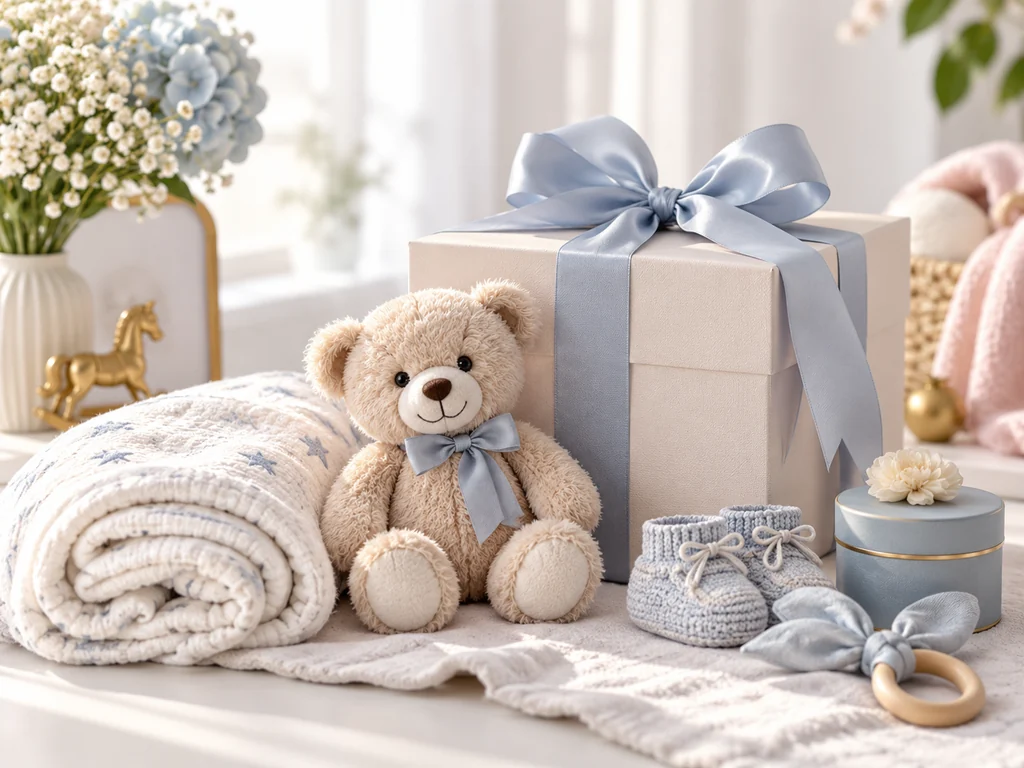 Kurdeleli bebek hediyesi ve yumuşak peluş ayıcık