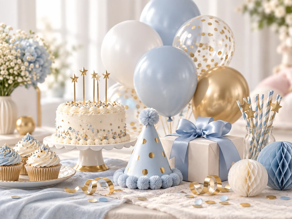 Mavi, beyaz ve altın balonlarla kutlama hazırlıkları