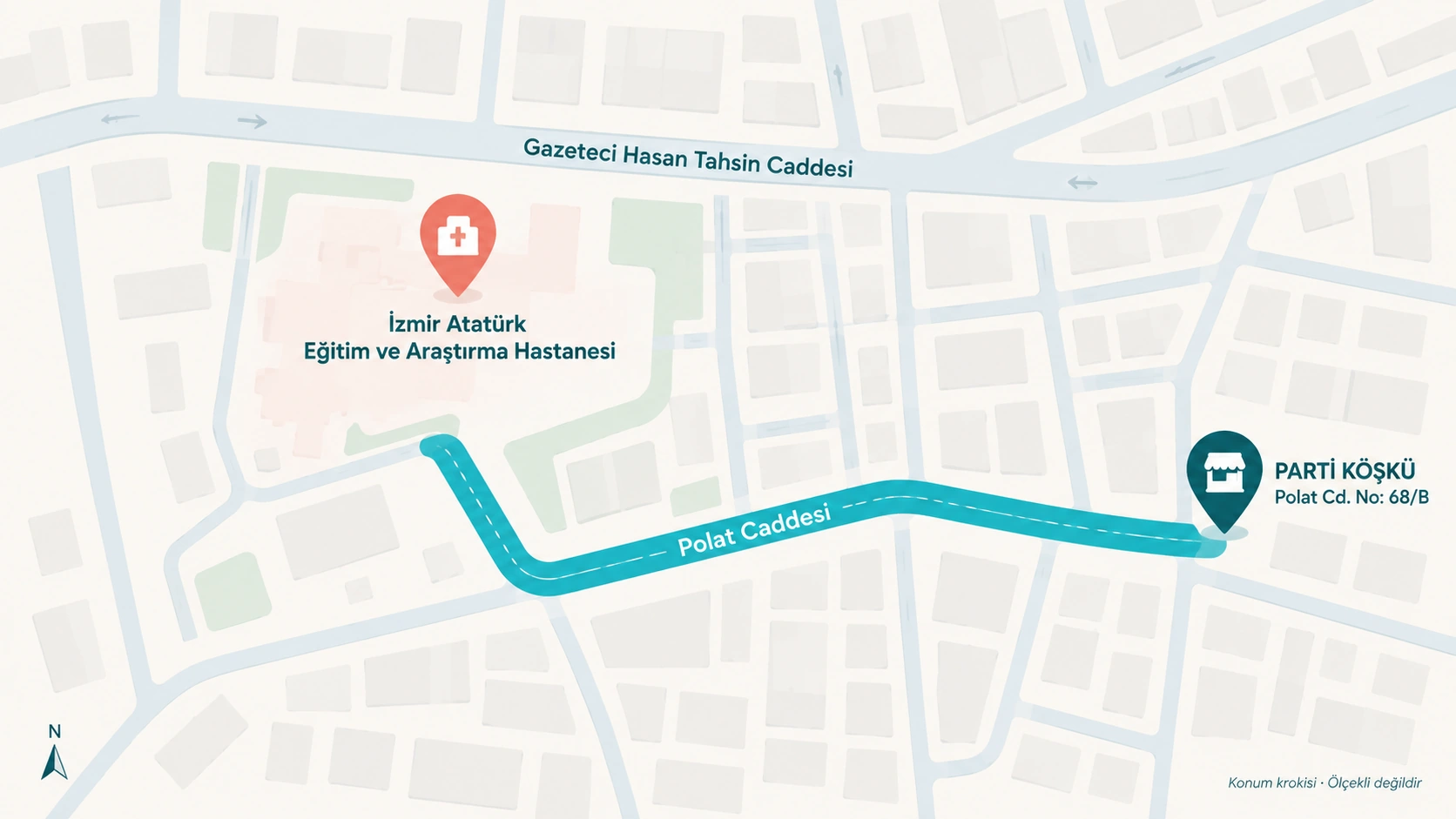 Konum krokisi: İzmir Atatürk Eğitim ve Araştırma Hastanesi batıda, Parti Köşkü doğuda; Polat Caddesi üzerinden bağlantı.